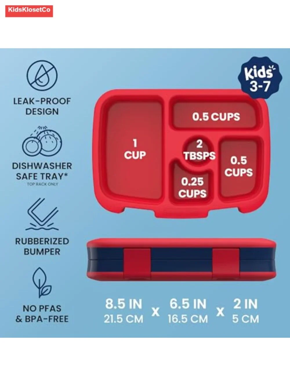 Leak-Proof 5-Compartment Bento Lunch Box for Kids Ages 3-7, Microwave &